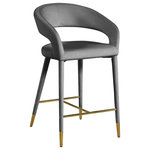 Meridian Furniture - Destiny Counter Stool, Grey, Velvet - Settle in for a meal with friends seated in this Destiny velvet stool. Soft grey velvet upholstery makes this stool a sleek and inviting option for pairing with your favorite counter table. The rounded back adds comfort to mealtime and lends the stool a chic, eye-grabbing touch, while tapered legs topped with gold tips give the stool an elegant finish.