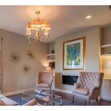 Fireplace surround with shaker cabinets and floating shelves