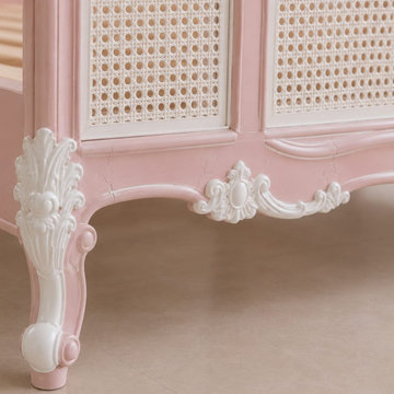 French Rococo Cane Bed Detail | Hand-Carved Pink & White French Country Furnitur