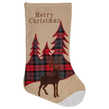 19" Beige and Red Plaid Reindeer With Forest Trees Christmas Stocking