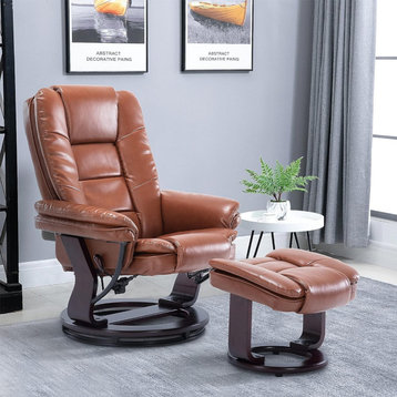 Modern Recliner Chair & Ottoman, Mahogany Wood Base & PU Leather Seat, Tan