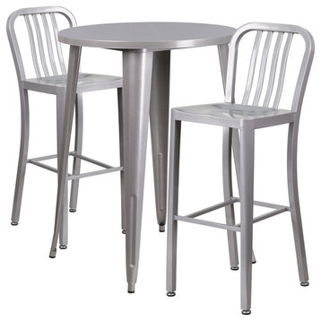 Flash Commercial 30" Round Silver Metal Bar Table Set & 2 Vertical Slat Stools