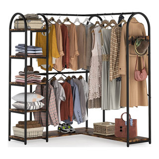 Tribesigns L Shaped Closet Organizer, Freestanding Corner Clothes Garment  Rack with 4 Hanging Rods and Open Shelves, Heavy Duty Metal Clothing Rack