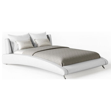 Modern Cadillac White Microfiber Leather Platform Bed, Queen