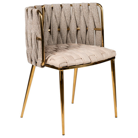 Milano Dining Chair, Off White and Gold, Fabric and Faux Leather