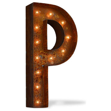 Medium Rusted Steel Letter Marquee Light by Iconics, Letter P