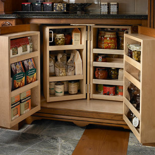 Modelo de cocina tradicional con despensa, armarios con rebordes decorativos y puertas de armario de madera oscura