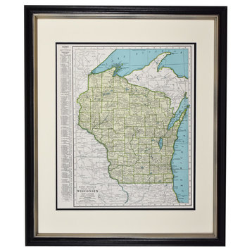 Original Vintage Wisconsin Map, Framed, 1940s Authentic Map