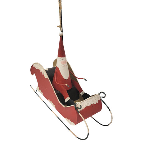 Rustic Cottage Hanging Tin Santa on Sleigh Sculpture Ornament 10 in Holiday Xmas