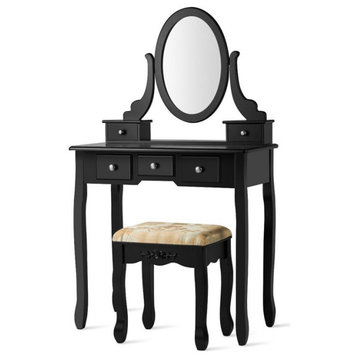 Costway MDF and Wood Vanity Dressing Table Set with Stool & Oval Mirror in Black