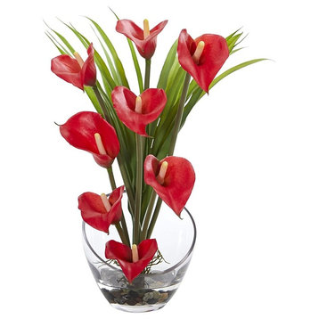 15.5" Calla Lily and Grass Artificial Arrangement, Vase, Red