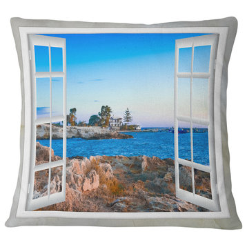 Open Window to Blue Seashore Landscape Wall Throw Pillow, 18"x18"