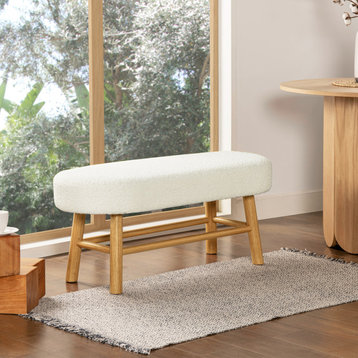 Fuji 42" Upholstered Accent Bench with Natural Wood Legs, Ivory White Boucle