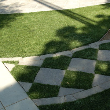 Concrete slabs, flagstones, checkerboard turf accents
