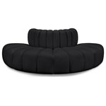 Meridian Furniture - Arc Upholstered Outward Curved Modular Sectional, Black, 4-Piece: 4 Reverse Corner, Vegan Leather - Unleash modern opulence with the Arc Vegan Leather 4pc. Sectional. Crafted for the modern connoisseur, this Sectional injects an air of refined luxury into any space. Its sleek silhouette, upholstered in supple black vegan leather, exudes timeless sophistication while the deep channel tufting adds textural intrigue, further elevating the chair's visual appeal. The modular design makes it a versatile chameleon, effortlessly adapting to your evolving needs and preferences. Whether you envision it gracing a chic living room corner, basking in the glow of a bedroom window, or adding a touch of drama to a home office, the Arc seamlessly complements your unique interior aesthetic.