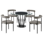 Armen Living - Veronica Shannon Round Glass Dining Table 5pc Set, Black Iron, Gray Faux Leather - Bring sleek sophistication and comfort to your dining space with the Veronica Shannon 5 Piece Dining Set by Armen Living. This set includes 1 Veronica Round Glass Dining Table and 4 Shannon Upholstered Dining Chairs. With a chic and refined aesthetic, this dining set is ready to make a statement. The dining table includes a 48" glass tabletop that rests on a round walnut veneer panel for a beautiful contrast of materials. The conical base attains a sleek and airy presence with its metallic detailing. The Veronica dining table serves as a stunning centerpiece for your kitchen, dining, or living space, and its round shape creates a natural hub for inclusive conversations and activities. Our Shannon dining chairs serve as a perfect compliment to create this contemporary and modern dining set. The Shannon chair includes a cylindrical cushion and curved backrest to offer perfect back support and a generously padded seat to provide a comfortable seating experience. These chairs are covered in performance fabric to offer easy care and maintenance. This dining set can grace your kitchen, dining room, or living space to make a stunning centerpiece, while it adds a dose of sophistication and comfort from your casual to formal meals. The dining set features quality materials and craftsmanship to serve you for years to come. The Veronica Shannon 5 Piece Round Glass Dining Table Set is available in matching finishes and a variety of colors, or sold separately to achieve any look you desire.