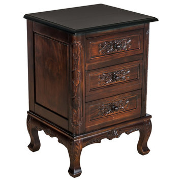 Traditional End Table, Short Queen Anne Legs & Carved Accented Drawers, Mahogany