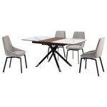 Armen Living - Alora Susie Extendable 5 Piece Dining Set With Gray Fabric Chairs - The impressive Alora Susie Extendable 5 Piece Dining Set with Gray Fabric Chairs includes 1 Alora extendable dining table and 4 Susie swivel dining chairs. The streamlined silhouette and stunning details lend a refined and sophisticated appeal to our dining room chair. Its tall, sculpted back is uplifted with an elegant channeling detail to bring a dose of style and charm to any corner. The kitchen chair is perched upon slender black metal legs to serve as an effortless and stylish fit to your home. Its tall back seamlessly widens at the bottom to support and comfortably cradle your back. Both the back and seat are generously padded to offer long-lasting comfort. Our modern dining chair can easily float from your dining and living room to your home office to offer an easy and comfy space to land. The Susie includes a 180 - degree swivel function to allow for maximum mobility and lingering conversations. The tabletop features a harmonious combination of light gray ceramic with a walnut finished wood accent in its center. Rounded edges attain a soft silhouette, and the metal cross leg base brings a cool touch with the copper caps. This table can easily extend from 51" to 67" to comfortably seat up to six of your closest friends or family members. From a perfect spot to enjoy your casual meals to a luxe place to host your formal dinners, our dining table remains a versatile and stylish addition to your home. The table is expertly crafted to offer durability and easy maintenance. The Alora Susie dining set is available in 5 and 7 piece set configurations and features a light gray ceramic and walnut wood top with black metal legs and gray upholstered swivel chairs.