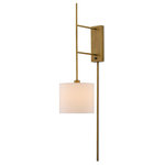 Currey & Company - 46" Savill Wall Sconce in Antique Brass - The one bulb beneath the tailored shade of our Savill Wall Sconce effervesces when the light is switched on to illuminate a wall plate and stem in an antique brass finish. The minimalist feel of the shade makes this an ideal gold sconce for a contemporary interior.  This light requires 1 , 40W Watt Bulbs (Not Included) UL Certified.