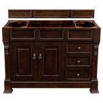 James Martin Vanities - Brookfield 48" Burnished Mahogany Single Vanity - The Brookfield 48" Burnished Mahogany vanity by James Martin Vanities features hand carved accenting filigrees and raised panel doors. Two doors open to shelves for storage below and two drawers, made up of a lower double-height drawer and a middle standard drawer, offer additional storage space. The look is completed with Antique Brass finish door and drawer pulls. Matching decorative wood backsplash is included.