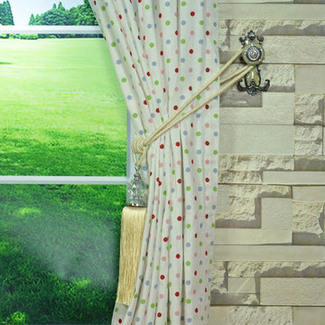 Kids Polka Dot Double Pinch Pleat Printed Cotton Curtain with Tassel Tieback