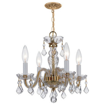 4-Light Mini Chandelier, Polished Brass, Clear Hand-Cut Crystals