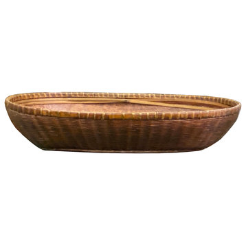 Oriental Vintage Restored Light Brown Rattan Oval Basket Tray Hws1301