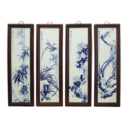 Chinese Blue White Porcelain Flower Birds Scenery Wall Panel Set - Wall Accents