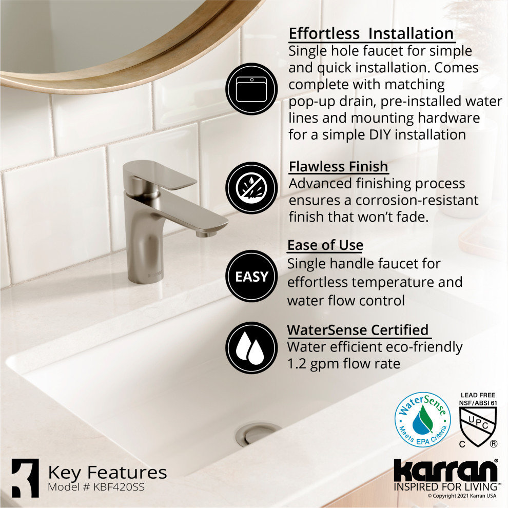Karran KBF420 1-Hole 1-Handle Basin Faucet With Pop-up Drain, Stainless Steel