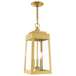 Livex Lighting - Livex Lighting 20857-12 Oslo - 19.75" Three Light Outdoor Hanging Lantern - This updated industrial design comes in a taperingOslo 19.75" Three Li Satin Brass Clear Gl *UL Approved: YES Energy Star Qualified: n/a ADA Certified: n/a  *Number of Lights: Lamp: 3-*Wattage:60w Candelabra Base bulb(s) *Bulb Included:No *Bulb Type:Candelabra Base *Finish Type:Satin Brass