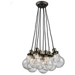 Artcraft Lighting - Edison 8-Light Vintage Brass Chandelier - Retro in style, and elegant by design, the "Edison" collection features a bulb shaped clear glass held by socket covers that are matte black and vintage brass in color. To go with the flow and match the styling, the wires have black textile covers, complimented with a matte black canopy. Multiple sizes available.