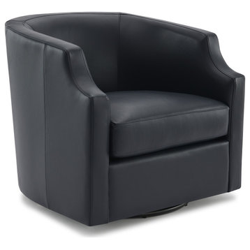 Easton Midnight Blue Top Grain Leather Swivel Glider Barrel Chair
