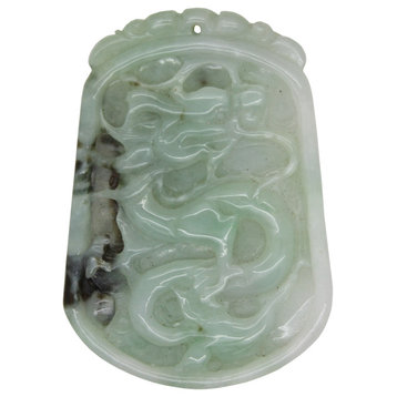 Natural Jade Chinese Rectangular Pendant Plate With Dragon and Luyi Flower Art