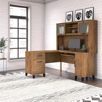 Somerset 60W L Shaped Desk with Hutch in Fresh Walnut - Engineered Wood