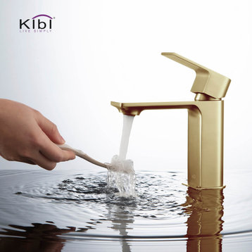 KIBI Mirage Single Handle Bathroom Faucet, Brush Gold, With Drain