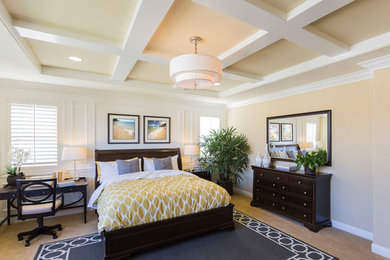 Example of a large transitional master carpeted and beige floor bedroom design in Denver with beige walls and no fireplace