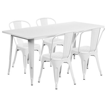 31.5"x63" Rectangular White Metal 5-Piece Table Set With 4 Stack Chairs