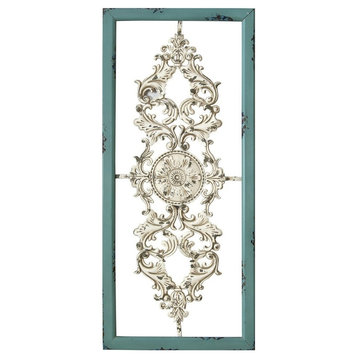 Distressed White And Turquoise Framed Scroll Metal Panel