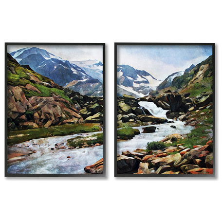 Peaceful Rocky Mountains Water Landscape Painting, 2pc, each 11 x 14