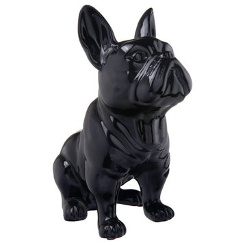 Ceramic Sitting French Bulldog Figurine With Pricked Ears, Gloss Black