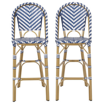 Grelton Outdoor Aluminum French Barstools, Set of 2, Navy Blue/White/Bamboo