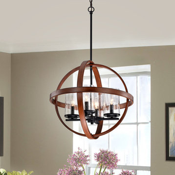 4-Light Black and Wood Finish Globe Pendant Chandelier With Seedy Glass Shades