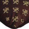 Gold Beads 12"x12" Silk Brown Decorative Pillow Cover, Fleur De Lis