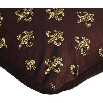 Gold Beads 16"x16" Silk Brown Decorative Pillow Cover, Fleur De Lis