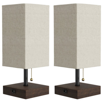 Small Table Lamp Set With Wood Base Set of 2 Modern Rectangle Lights