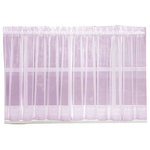 Emelia Sheer Solid Lilac Kitchen Curtain, 24" Tier - This solid kitchen curtain is made of very sheer voile polyester. The matching valance and swag pair are sold separately from the bottom tiers or can be used alone to accent the window. The bottom tiers are available in 24" long tier or 36" long tier. The picture shows: one swag (pair) + two valances in between over two tier (pairs). as sheer curtains look best when very full.