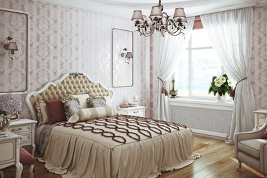 Photo of a mid-sized traditional master bedroom in Frankfurt with pink walls, medium hardwood floors and brown floor.
