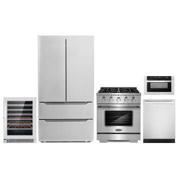 5 Piece, 30" Range 24.4" Microwave 24" Wall Oven Refrigerator & Wine Cooler