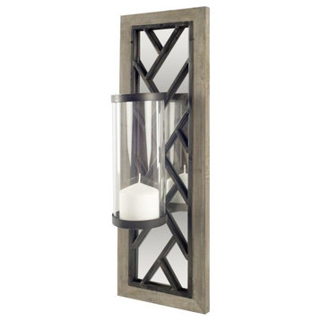 Benji Brown Wood Frame With Black Metal And Mirrored Wall Candle Holder