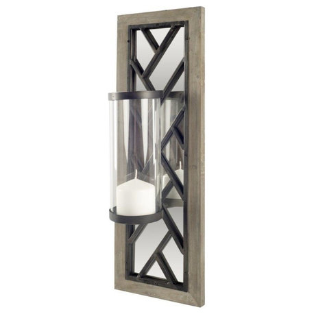 Benji Brown Wood Frame With Black Metal And Mirrored Wall Candle Holder